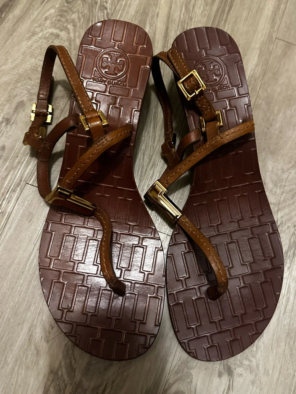 Tory Burch Tan Leather T-Strap Wedge Sandals with Gold Hardware